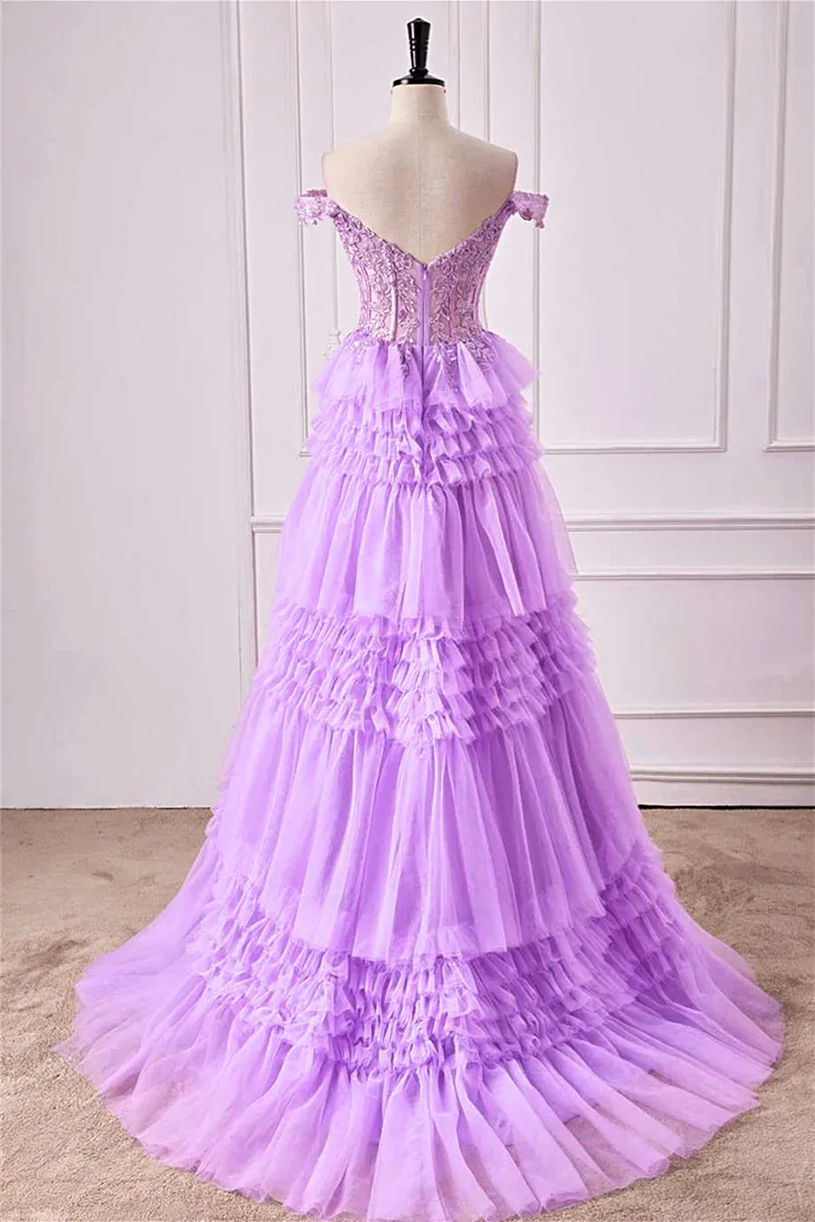 A-line Off-The-Shoulder Lavender Floral Layers Long Prom Dress lps028