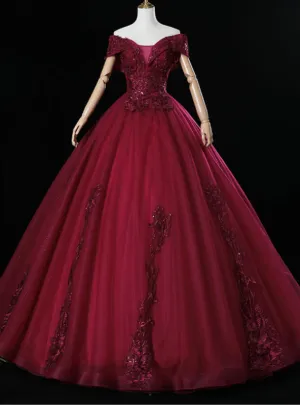 An Extra 40% Off Storewide Burgundy Ball Gown Tulle Appliques Off the Shoulder Quinceanera Dress