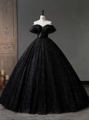 Black Tulle Sequins Off the Shoulder Quinceanera Dress