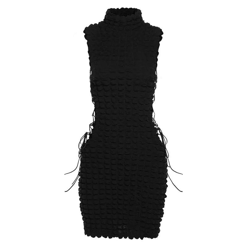 Bubble Waffle Solid Color Sleeveless Lace-Up Hollow Slim Fit Hip Bodycon Dress Sexy Wholesale Mini Dresses