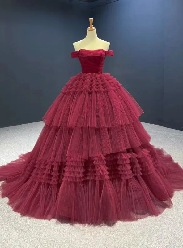 Burgundy Ball Gown Tulle Off the Shoulder Pleats Prom Dress