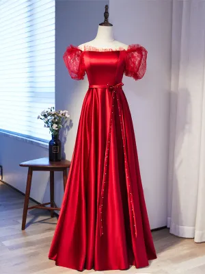 Burgundy Satin Off the Shoulder Puff Sleeve Beading Prom Dress