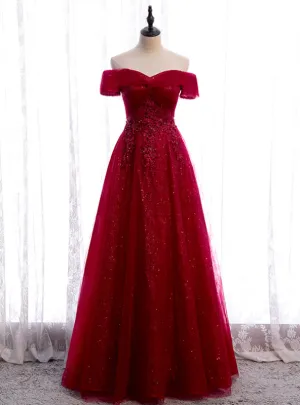 Burgundy Tulle Off the Shoulder Sequins Beading Prom Dress