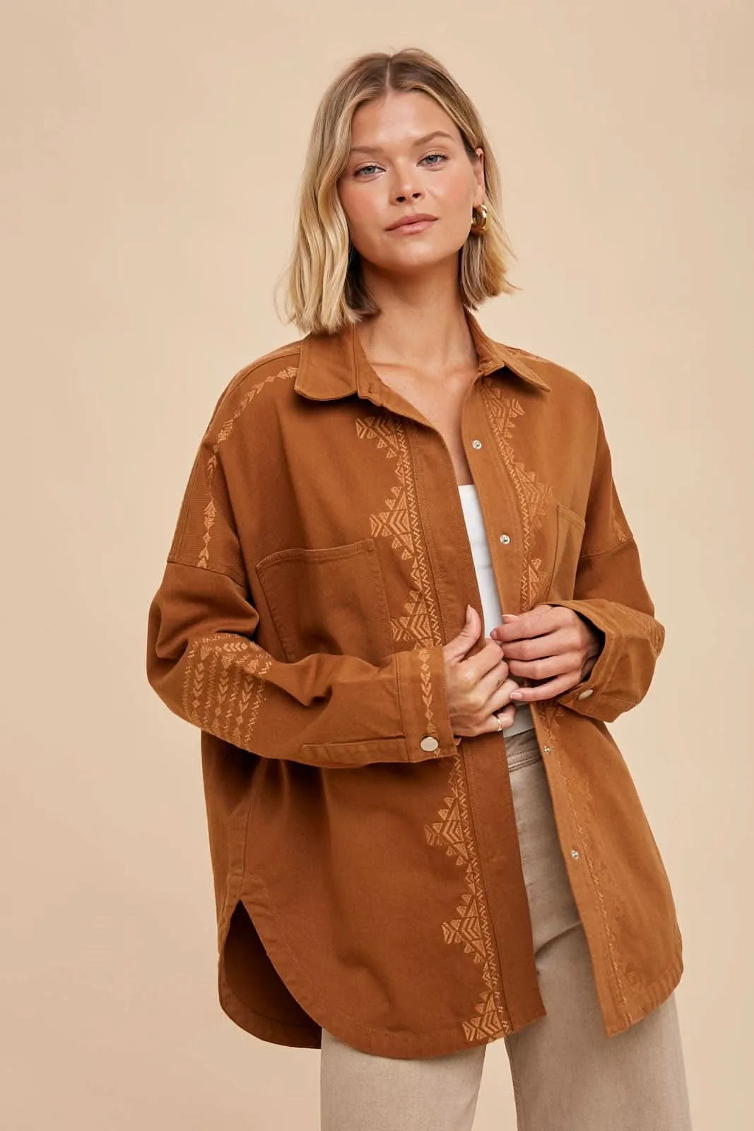 Camel Embroidered Utility Shacket