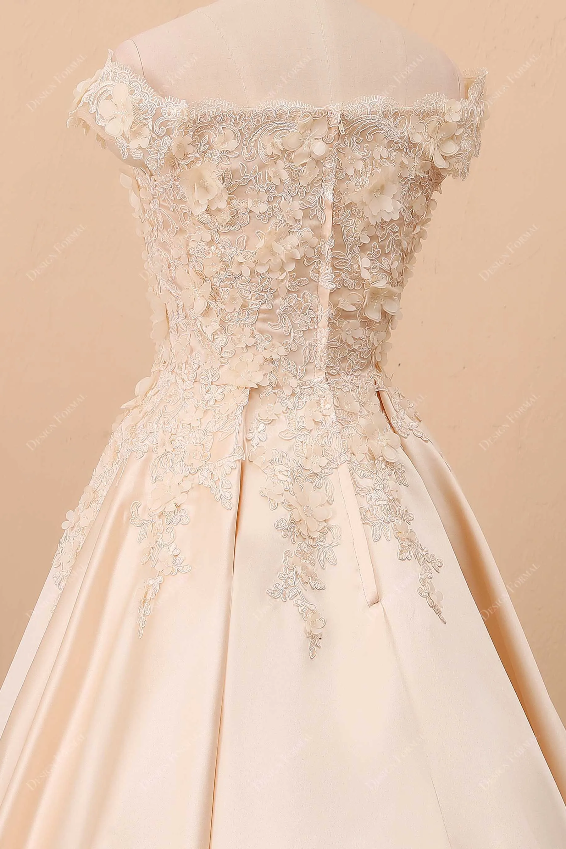 Champagne 3D Lace Satin Off-Shoulder Bridal Dress