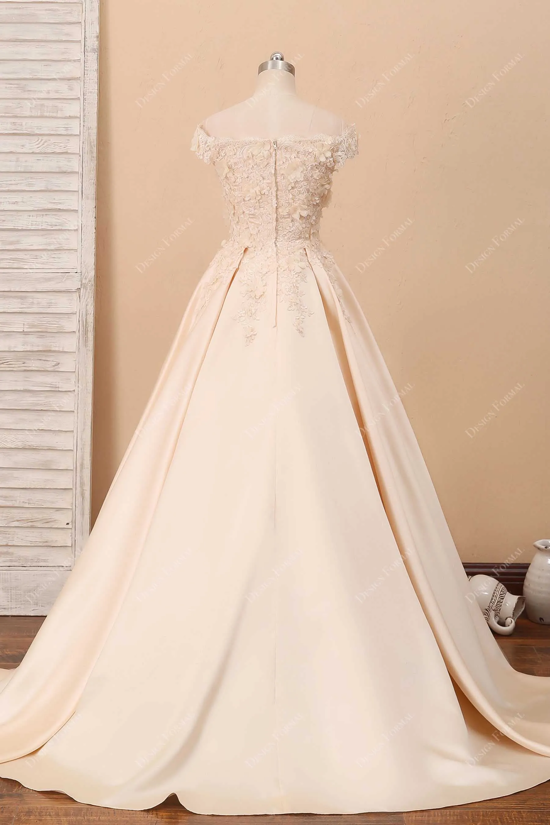 Champagne 3D Lace Satin Off-Shoulder Bridal Dress