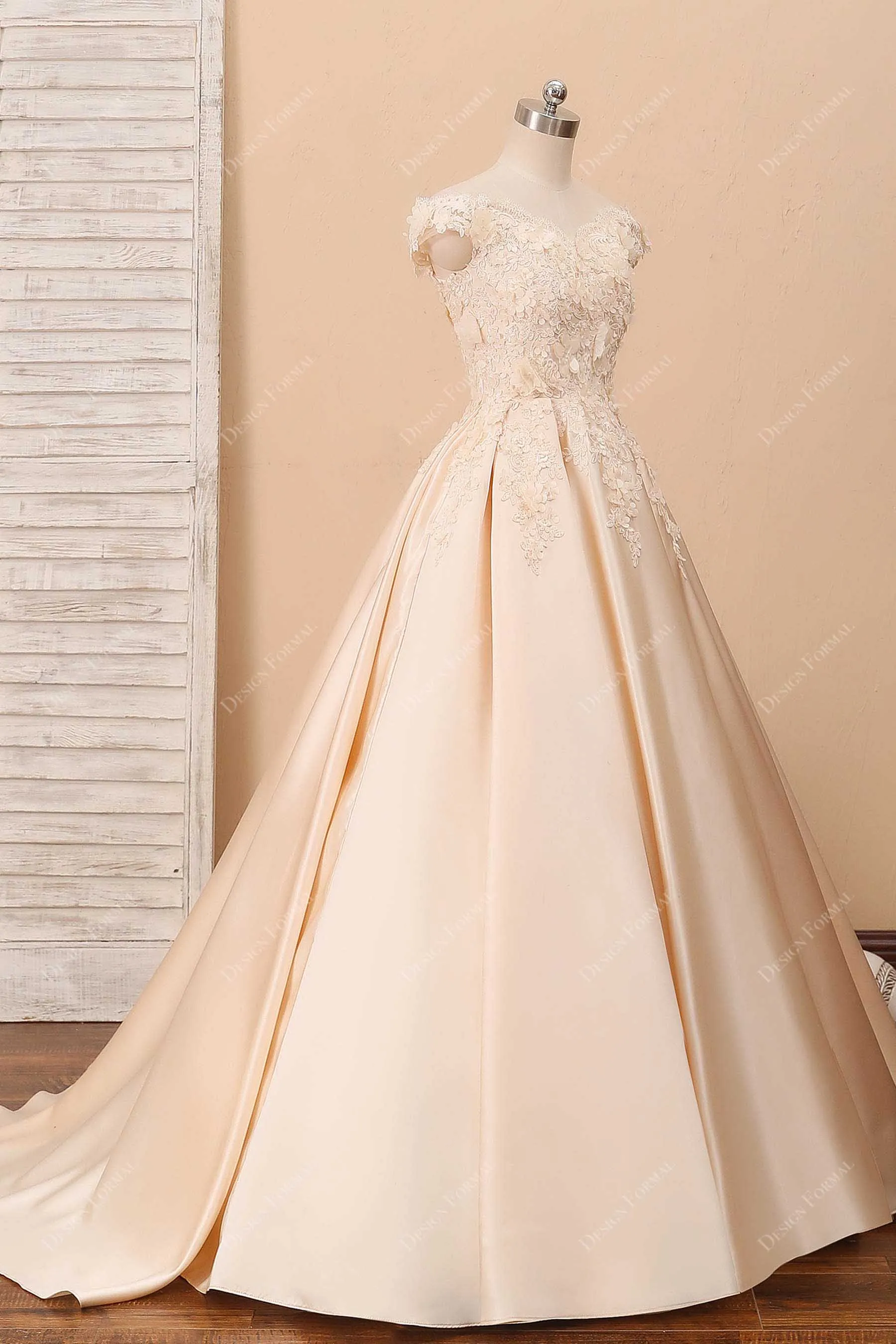 Champagne 3D Lace Satin Off-Shoulder Bridal Dress