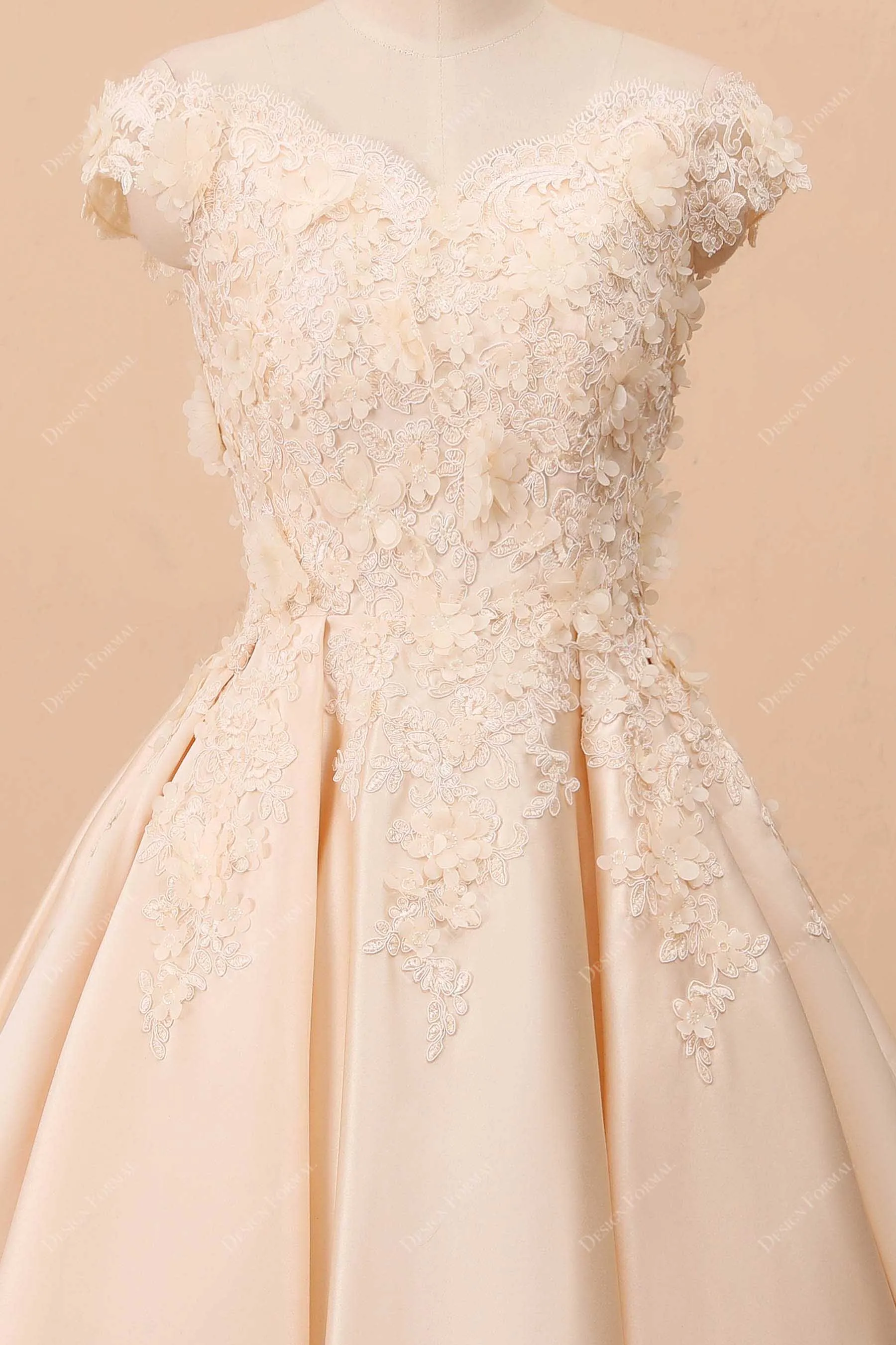 Champagne 3D Lace Satin Off-Shoulder Bridal Dress