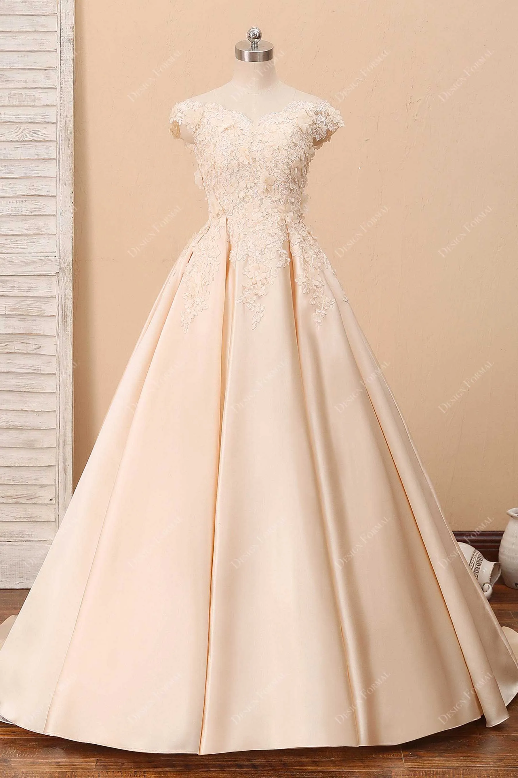 Champagne 3D Lace Satin Off-Shoulder Bridal Dress