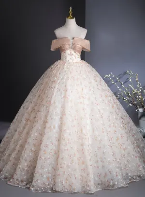 Champagne Print Off the Shoulder Beading Quinceanera Dress