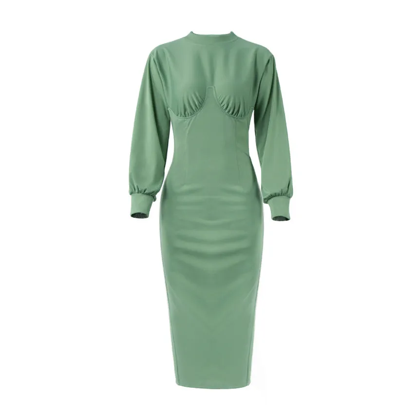 Chic round neck knitted slim green long sleeves bodycon dress