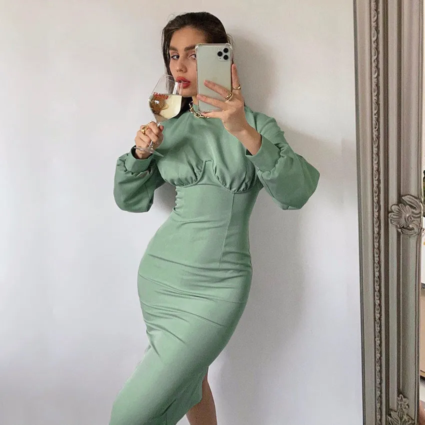 Chic round neck knitted slim green long sleeves bodycon dress