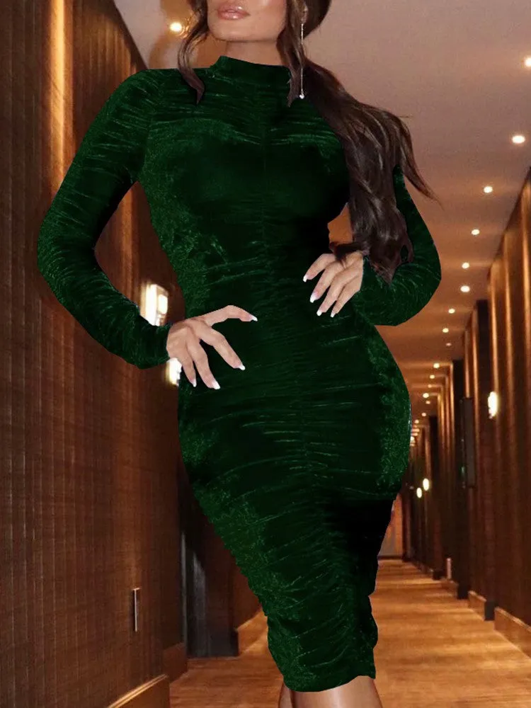 Collar long-sleeved gold velvet bodycon dress