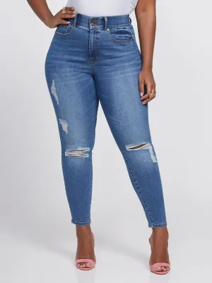 Dark Indigo Curvy Distressed Ankle Length Skinny Jeans in Dark Blue Wash