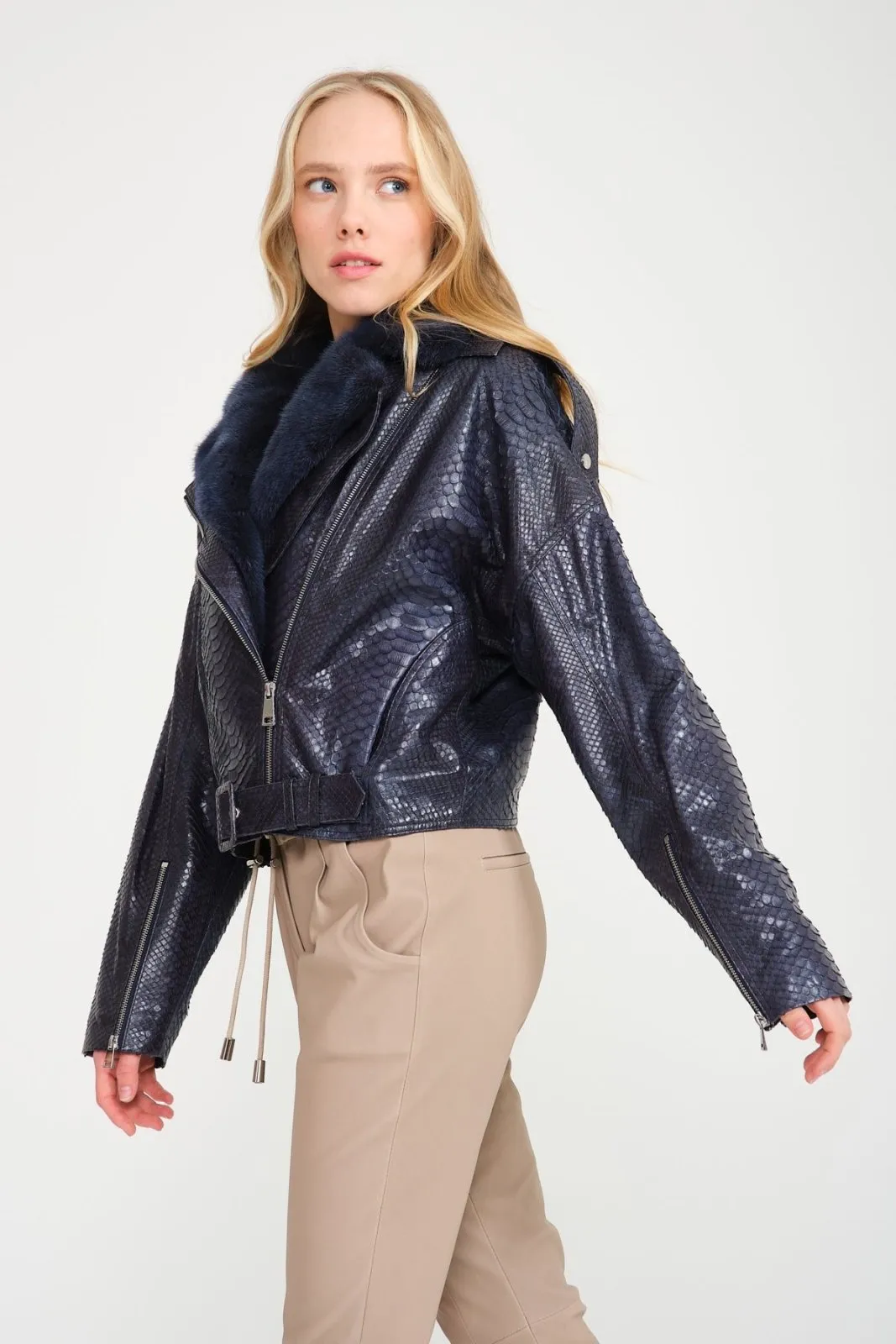 Dark Navy Python Leather Jacket