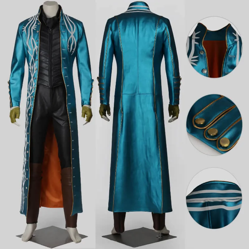 Devil May Cry 3 Vergil Costumes Leather Trench Coat Halloween Carvinal Suit BEcostume