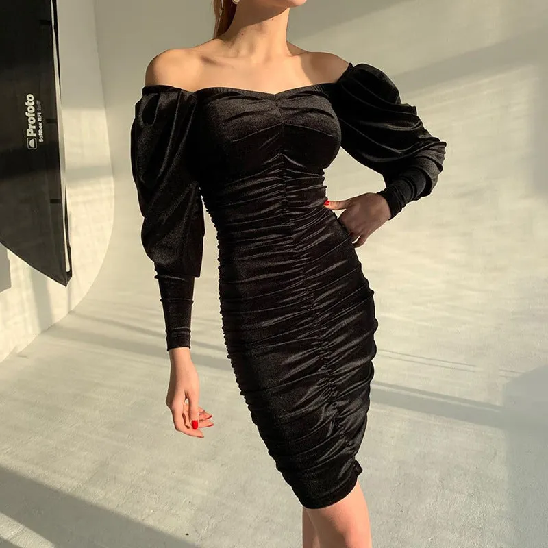 Fashion pleated puffy long-sleeved Korean velvet dress sexy autumn slim temperament hip skirt female