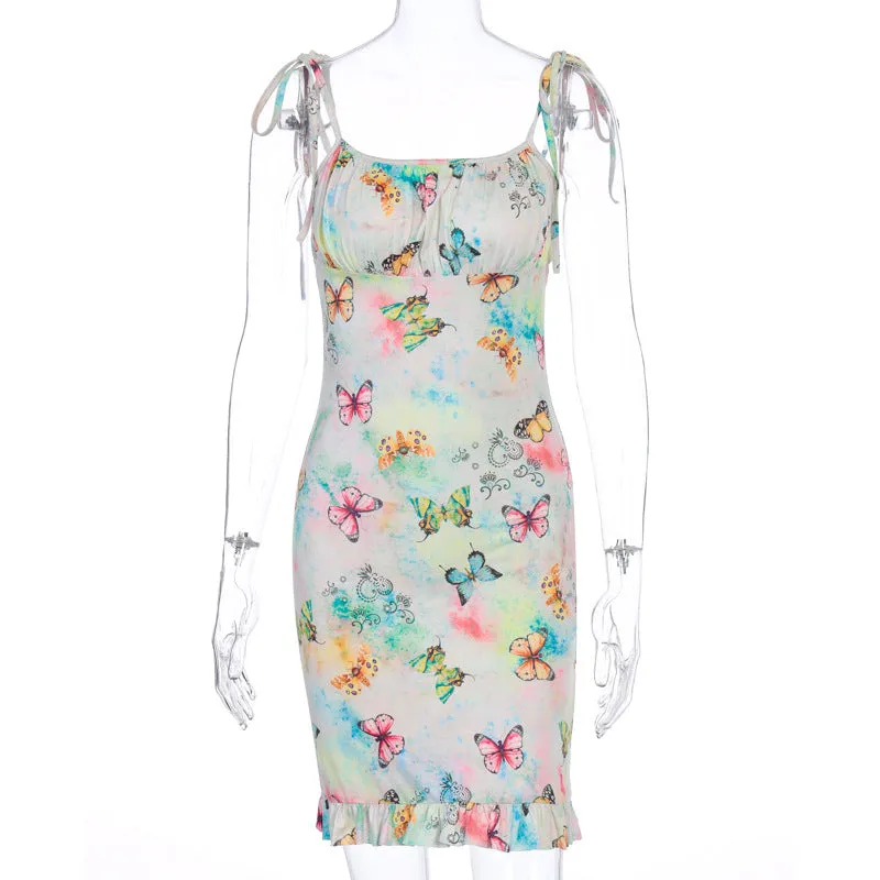 Fashion sexy butterfly print halter strap bag hip dress