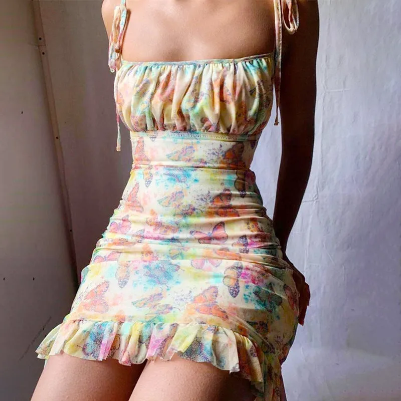 Fashion sexy butterfly print halter strap bag hip dress