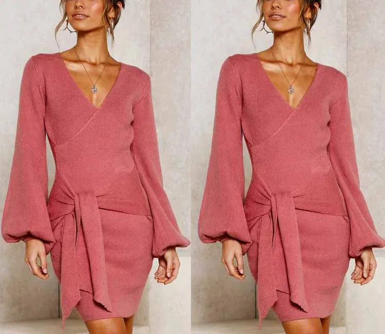 Fashion sexy v-neck strappy lantern sleeve dress knitted bag Bodycon Dresses