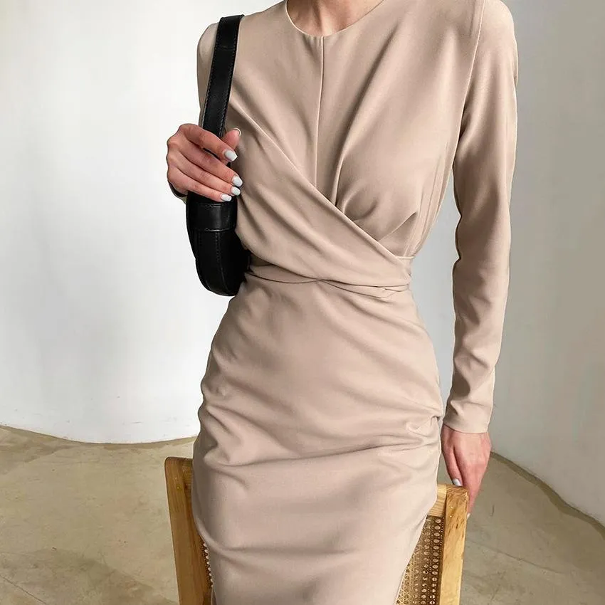 Fashion Slim Dress Women's Long Sleeve Solid Color Round Neck Cross Waist Waist Thin Midi Dress