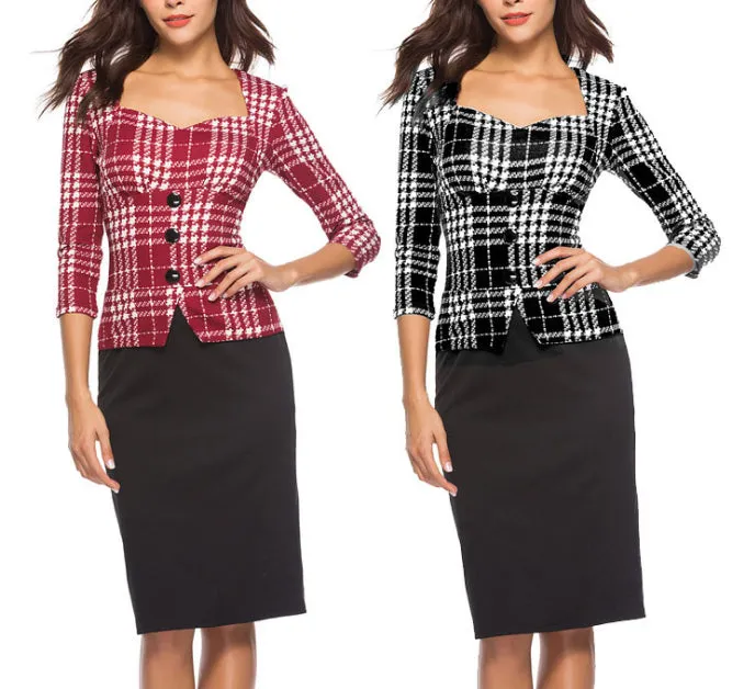 Fashion slim plaid stitching fake two-piece bodycon dress