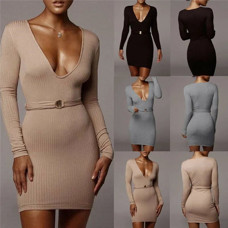 Fashionable Women's Warm Deep V Neck Knit Dress Bodycon Long Sleeve Short Mini Dress Belt High Waist Formal Party ol Dress