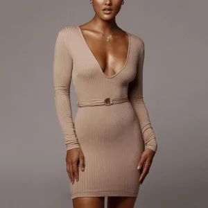 Fashionable Women's Warm Deep V Neck Knit Dress Bodycon Long Sleeve Short Mini Dress Belt High Waist Formal Party ol Dress