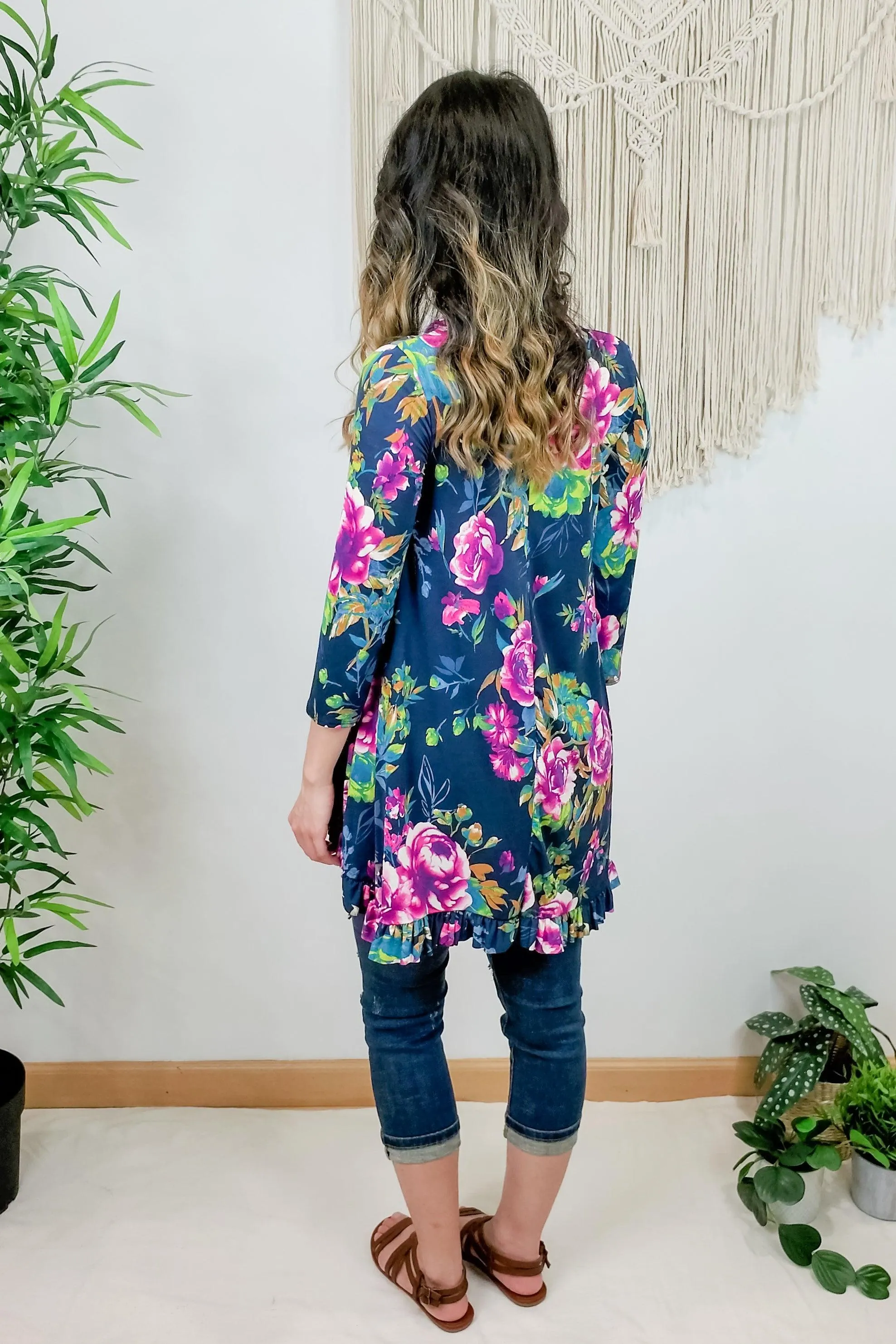 FINAL SALE -  Navy Floral Ruffle Hem Tunic