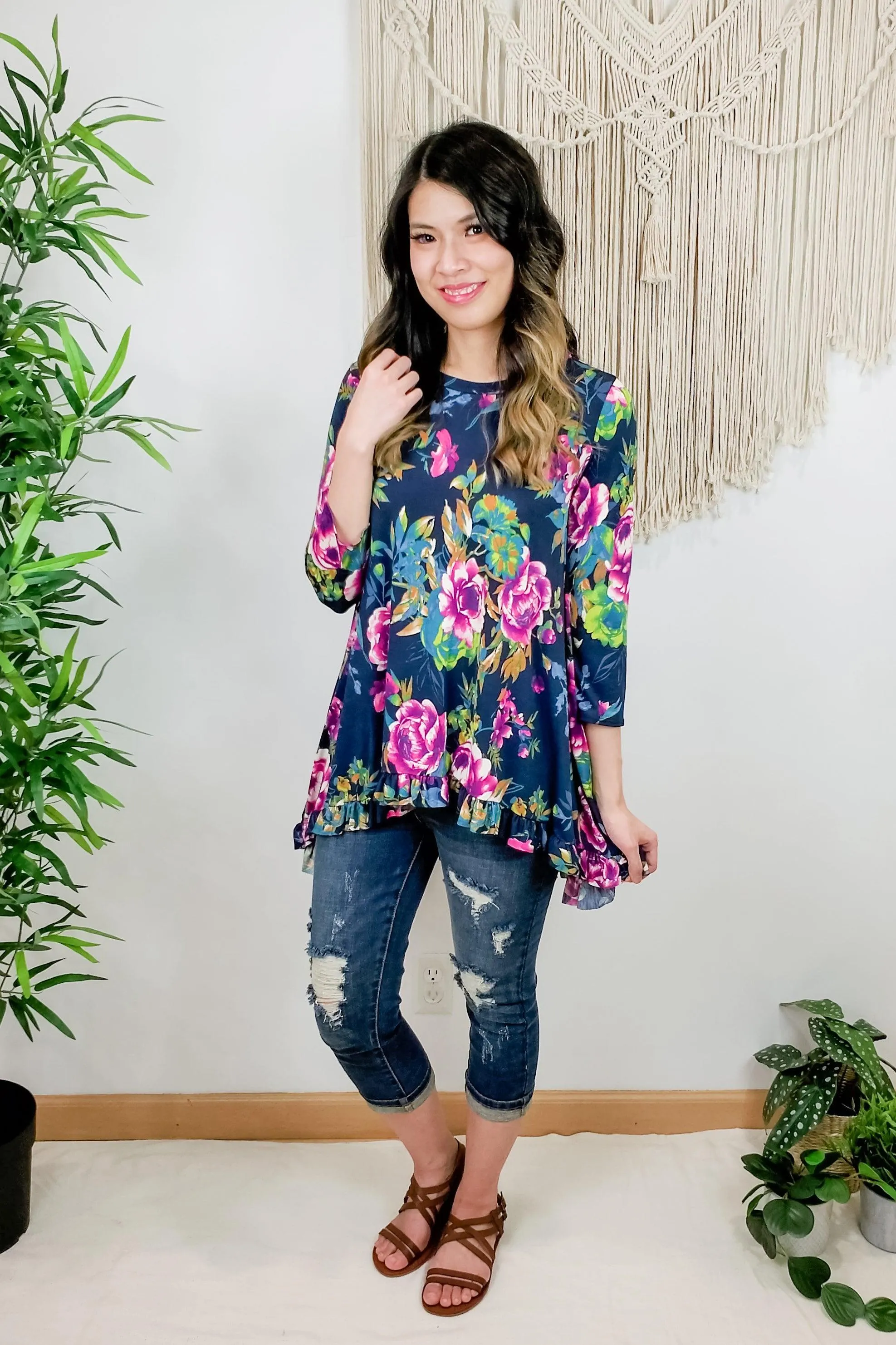 FINAL SALE -  Navy Floral Ruffle Hem Tunic