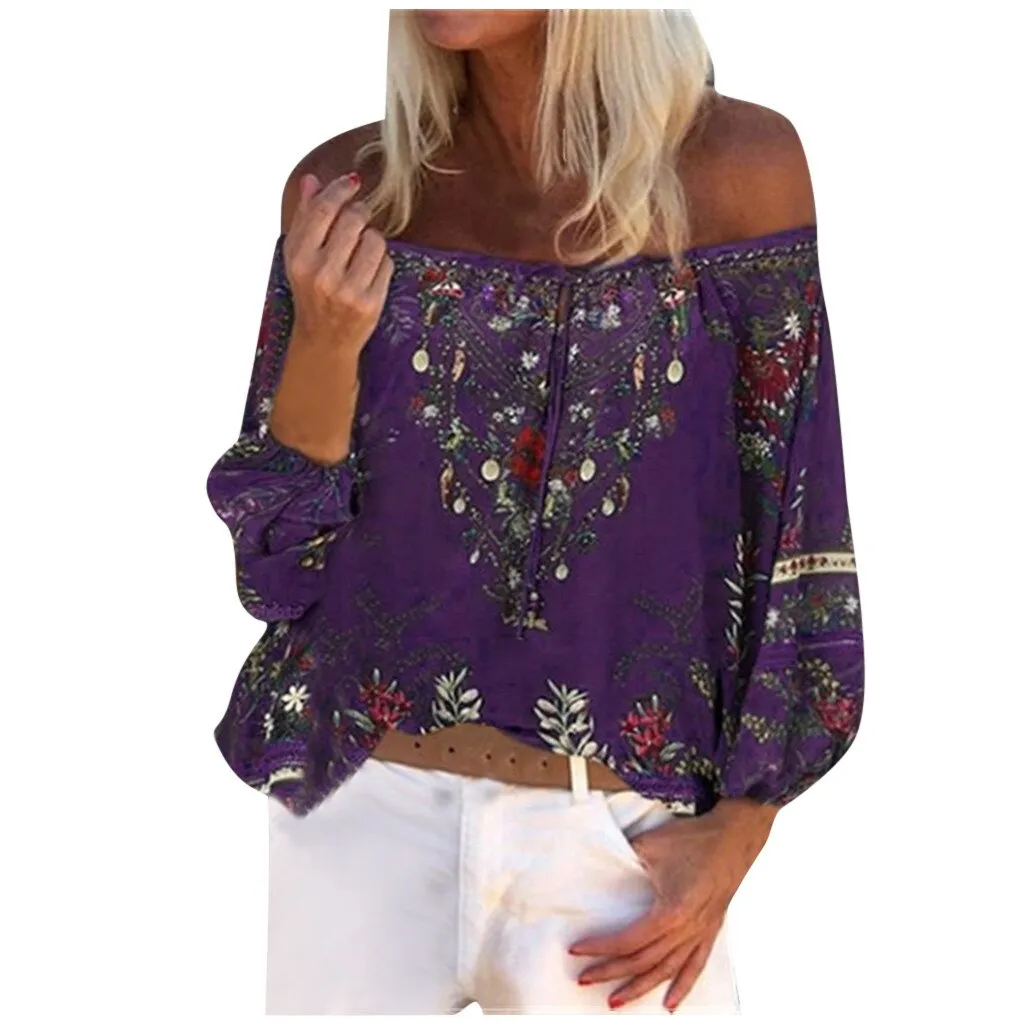 Floral Print Blouse Women Lace Thin Long Sleeve Off Shoulder Summer Tops Shirts