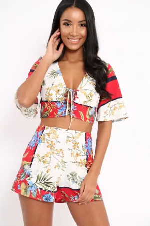 Floral with Red Contrast Crop Top and Shorts Co-ord - Cammy