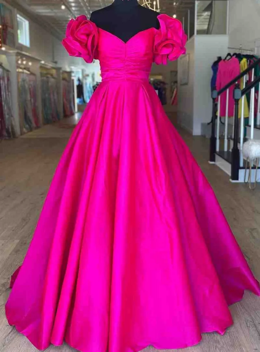 Fuchsia Satin Off the Shoulder Ruffle Prom Dress