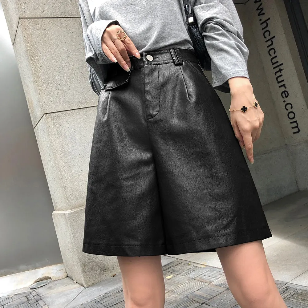 Graduation Gifts PU Bermuda Shorts for Women Faux Leather Shorts Stylish High Waist Shorts Streetwear Plus Size Pockets Trouser Female