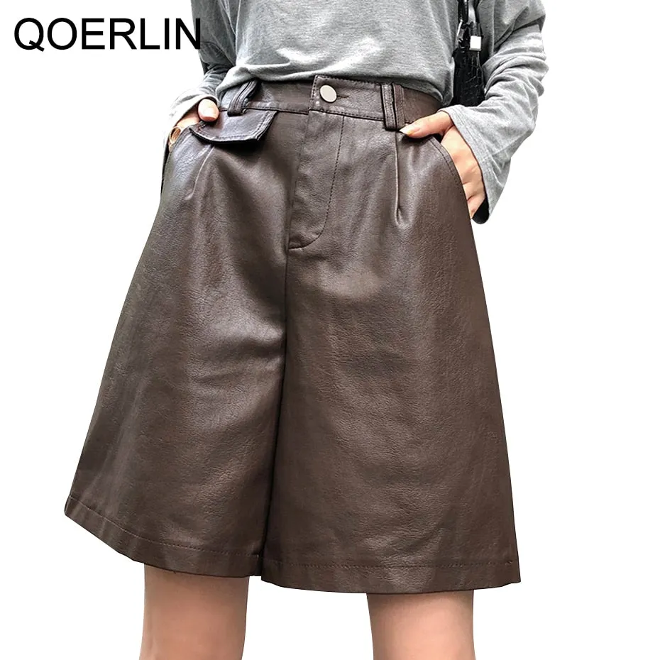 Graduation Gifts PU Bermuda Shorts for Women Faux Leather Shorts Stylish High Waist Shorts Streetwear Plus Size Pockets Trouser Female