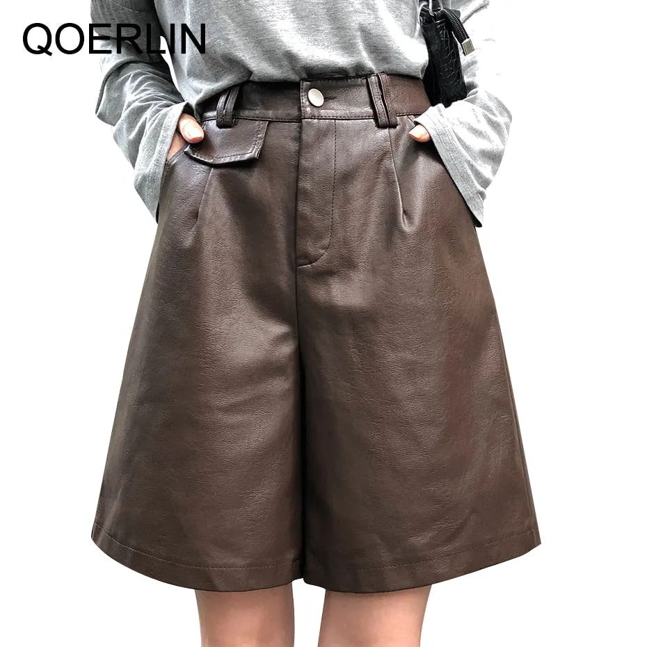 Graduation Gifts PU Bermuda Shorts for Women Faux Leather Shorts Stylish High Waist Shorts Streetwear Plus Size Pockets Trouser Female