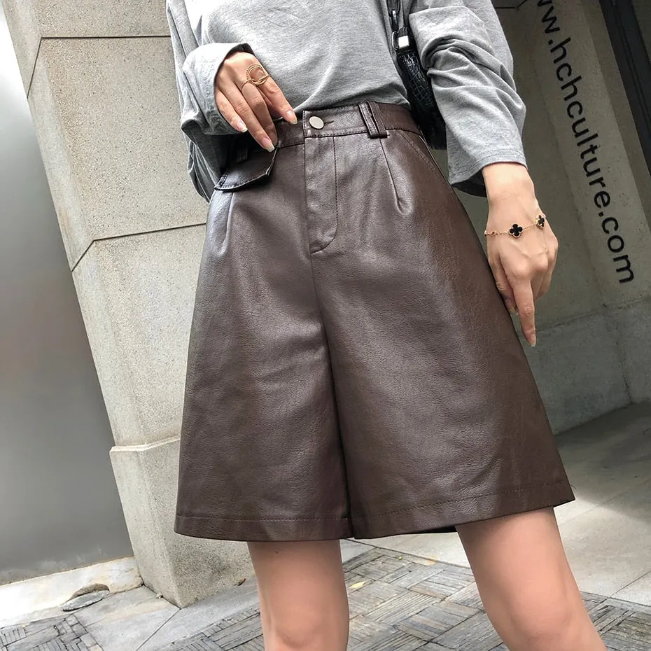 Graduation Gifts PU Bermuda Shorts for Women Faux Leather Shorts Stylish High Waist Shorts Streetwear Plus Size Pockets Trouser Female