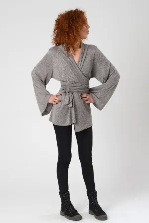 Grey Bell Sleeve Wrap Kimono Cardigan