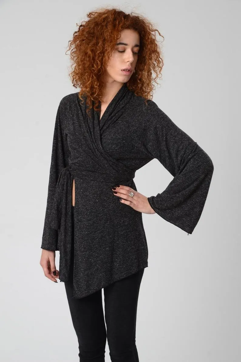 Grey Bell Sleeve Wrap Kimono Cardigan