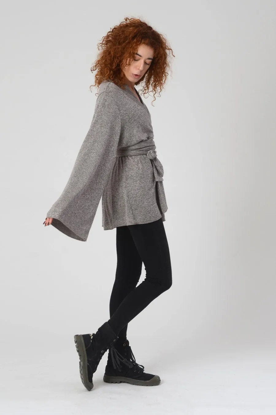 Grey Bell Sleeve Wrap Kimono Cardigan