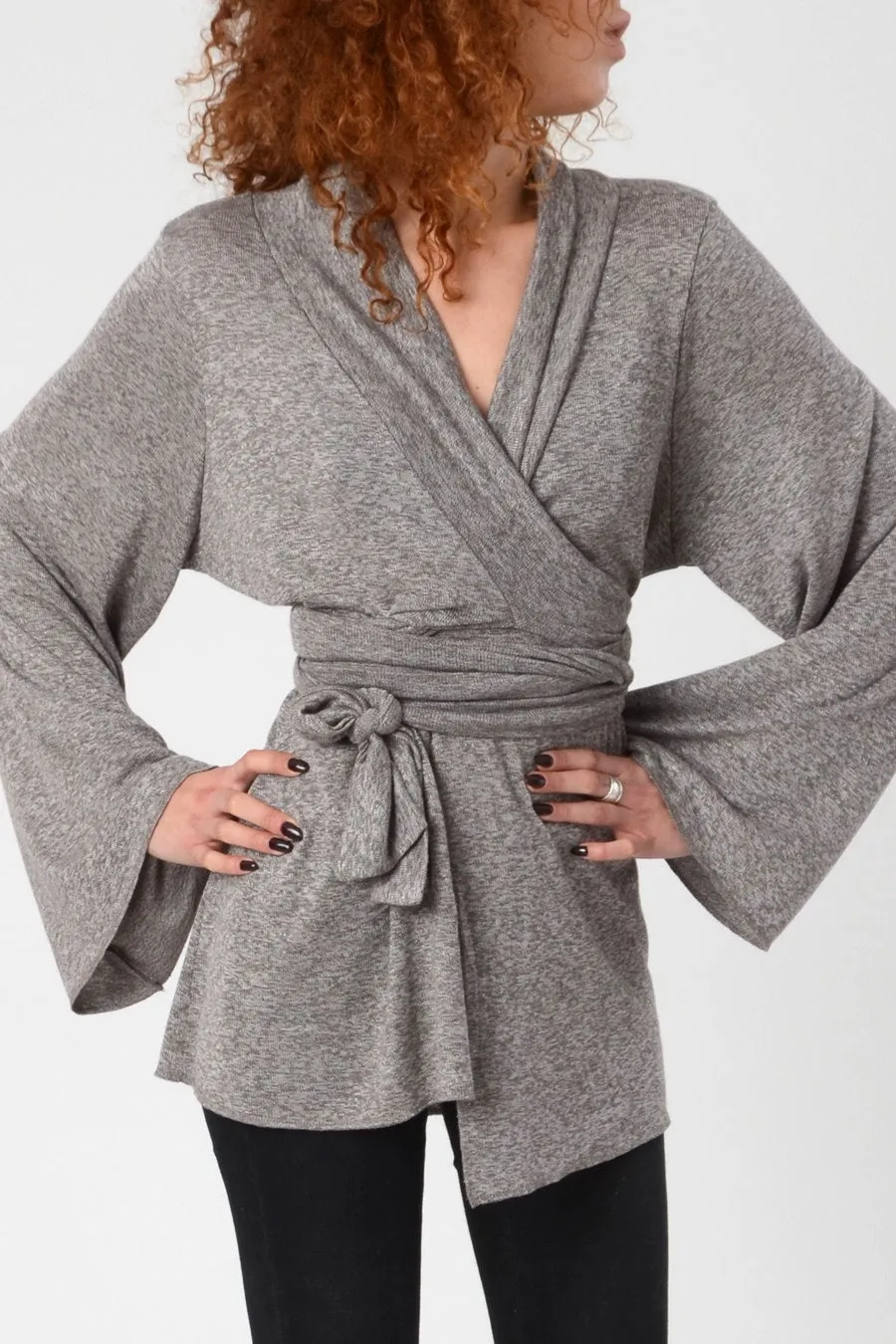 Grey Bell Sleeve Wrap Kimono Cardigan