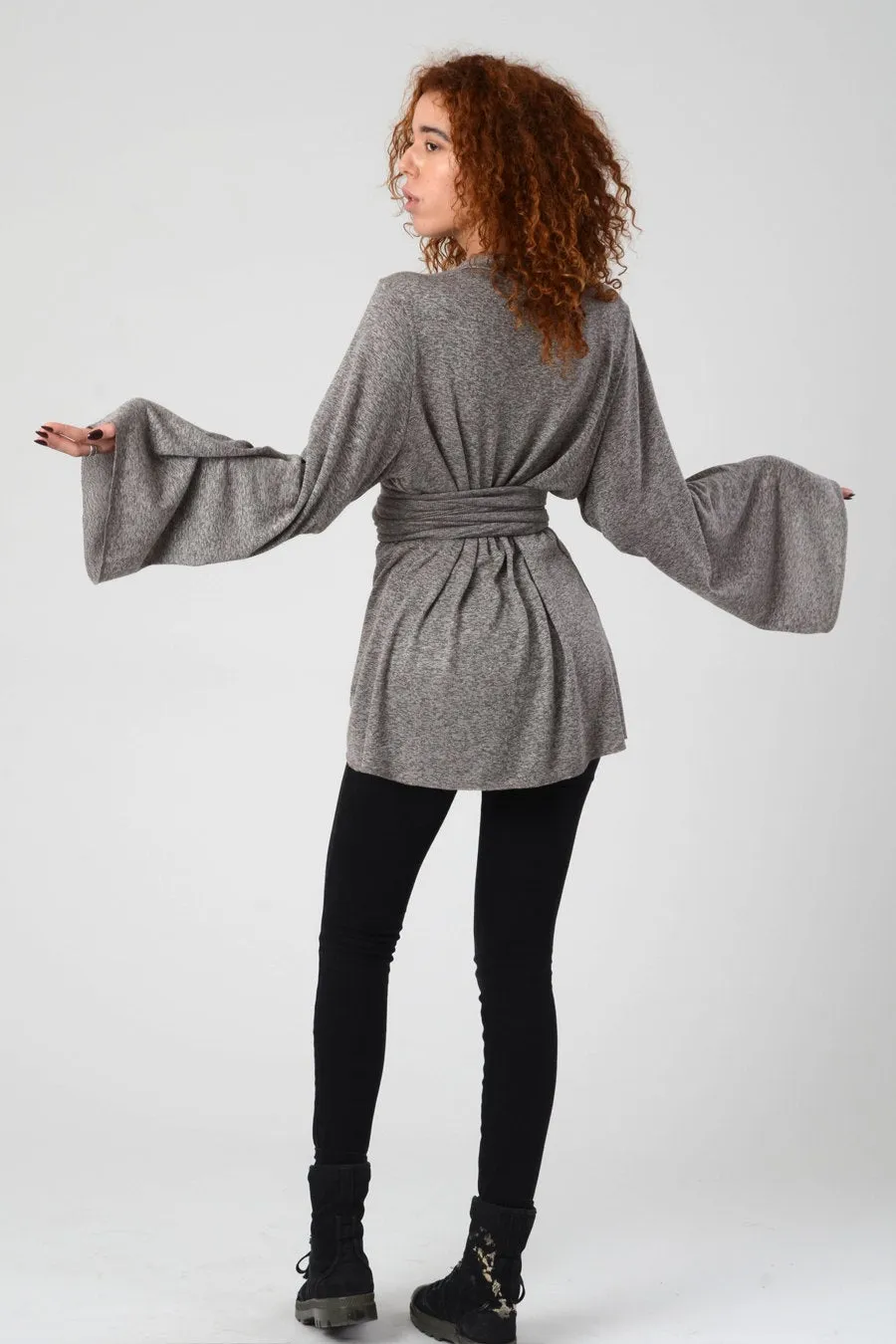 Grey Bell Sleeve Wrap Kimono Cardigan