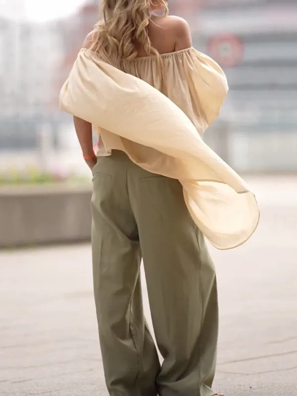 Half Sleeves Loose See-Through Solid Color Off-The-Shoulder Blouses&Shirts Tops