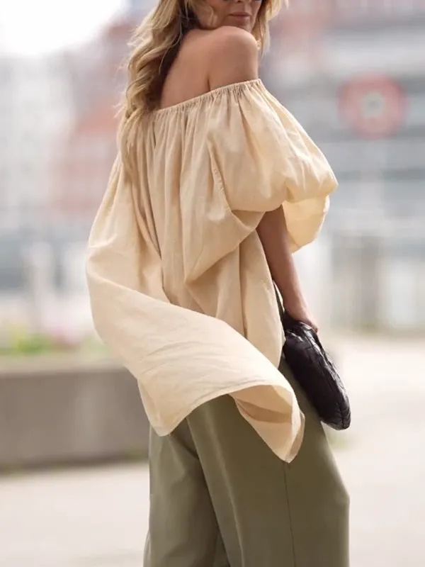 Half Sleeves Loose See-Through Solid Color Off-The-Shoulder Blouses&Shirts Tops