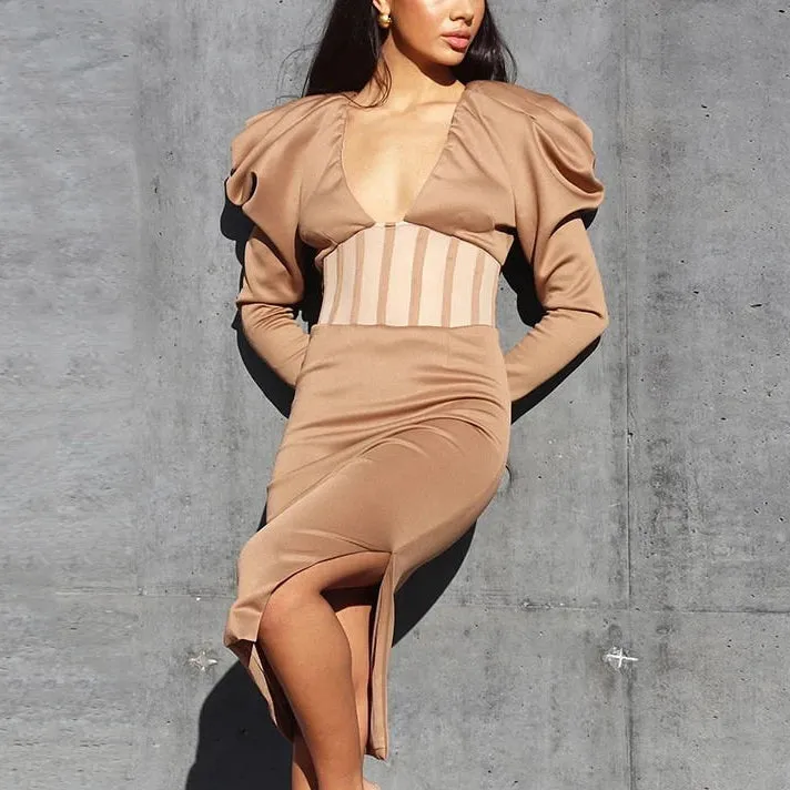 Hollow stitching dress feminine perspective split V-neck long sleeve temperament hip dress