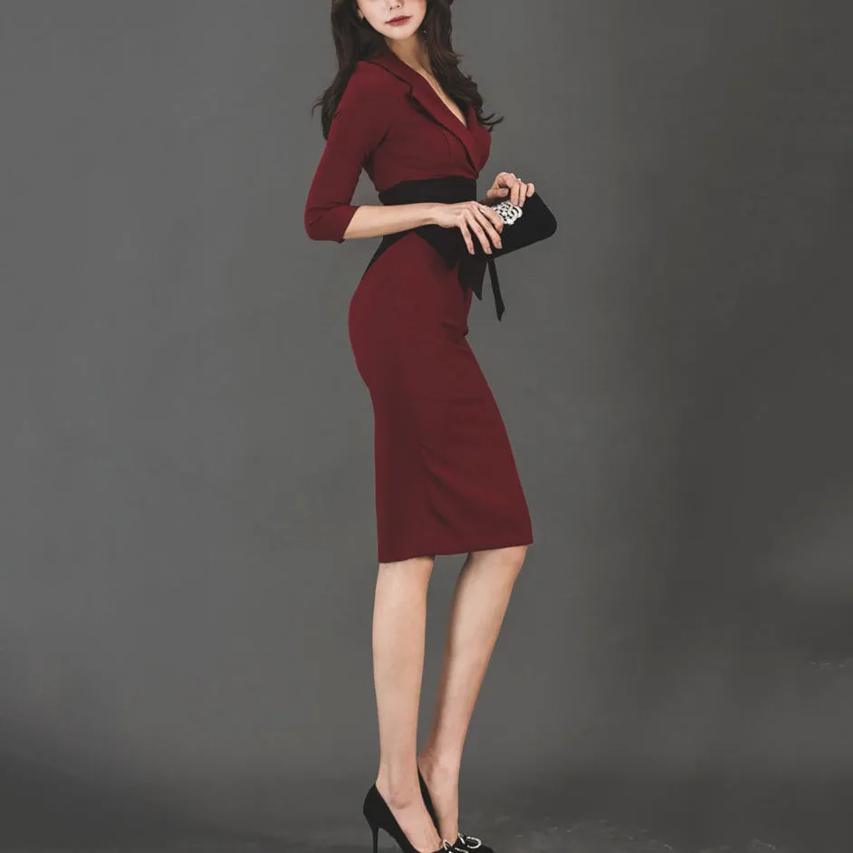 Intellectual and elegant temperament OL temperament sexy V-neck slim-fit lace-up contrast color bag hip mid-length dress