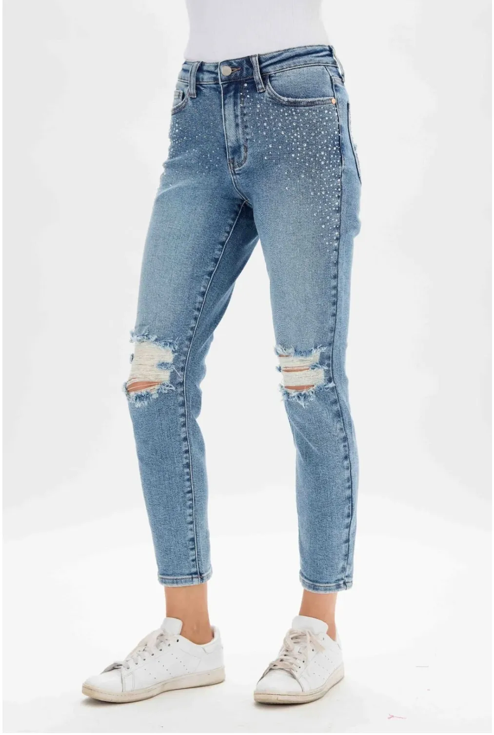 Judy blue highwaisted rhinestone embellished destroyed slim jeans