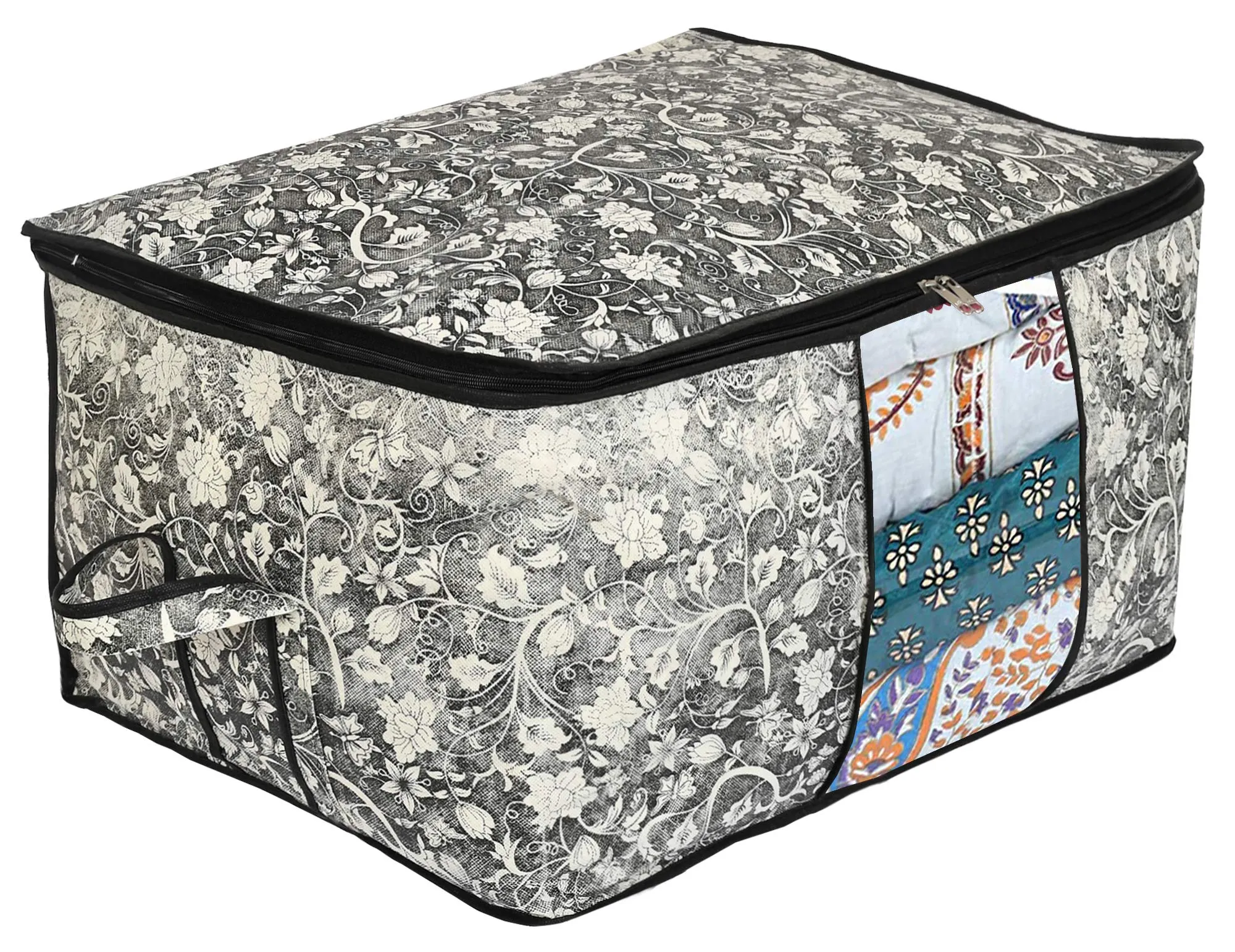 Kuber Industries Metalic Flower Print Non Woven 4 Pieces Underbed Storage Bag,Cloth Organiser,Blanket Cover with Transparent Window (Black)-KUBMART16603