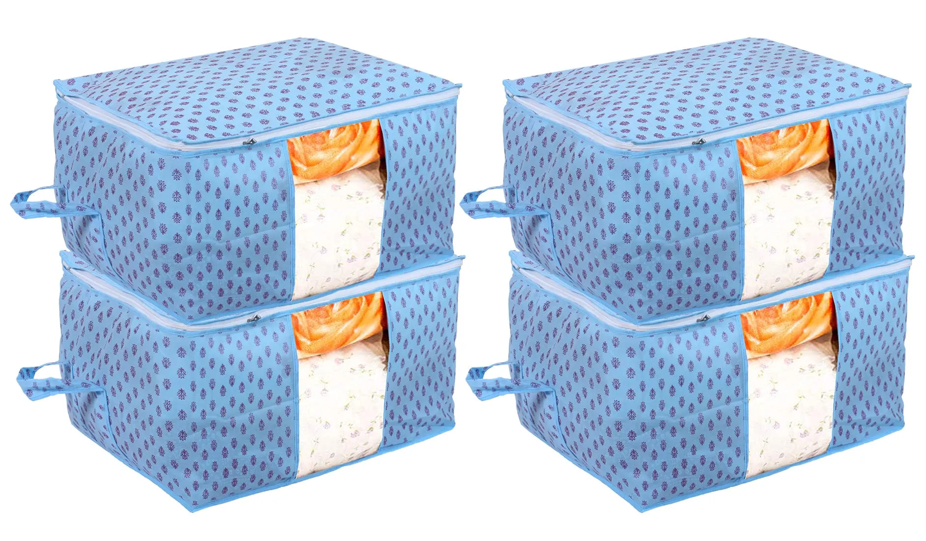 Kuber Industries Non-Woven Floral Print Underbed|Blanket Cover with Transparent Window, Zippered & Handle, Pack of 4 (Sky Blue)