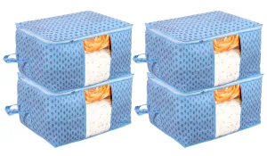 Kuber Industries Non-Woven Floral Print Underbed|Blanket Cover with Transparent Window, Zippered & Handle, Pack of 4 (Sky Blue)